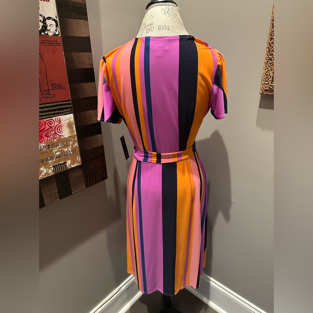 Donna Morgan Pink, Orange & Black Striped Faux-Wrap Midi Dress - Picture 8 of 10